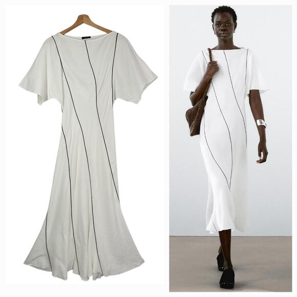 Massimo Dutti Linen Blend Midi Dress M White Short Sleeve Flowing Vacation Chic - Picture 2 of 13